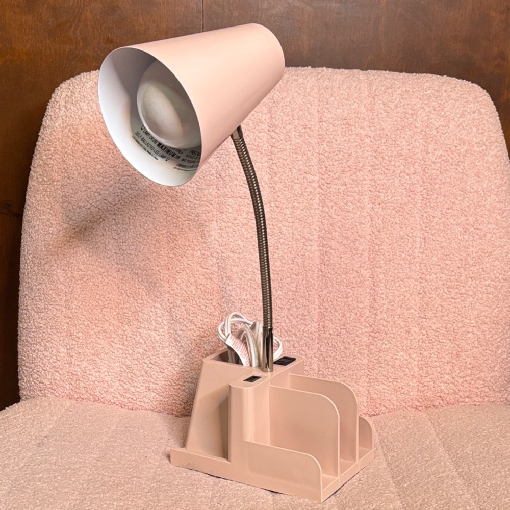 Blush Pink Desk Lamp with Organizer & Charging Station
